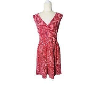 BODEN Sz L 14 Soft Midi Dress Pockets Print Coral Red White Ruched Wrap Stretchy